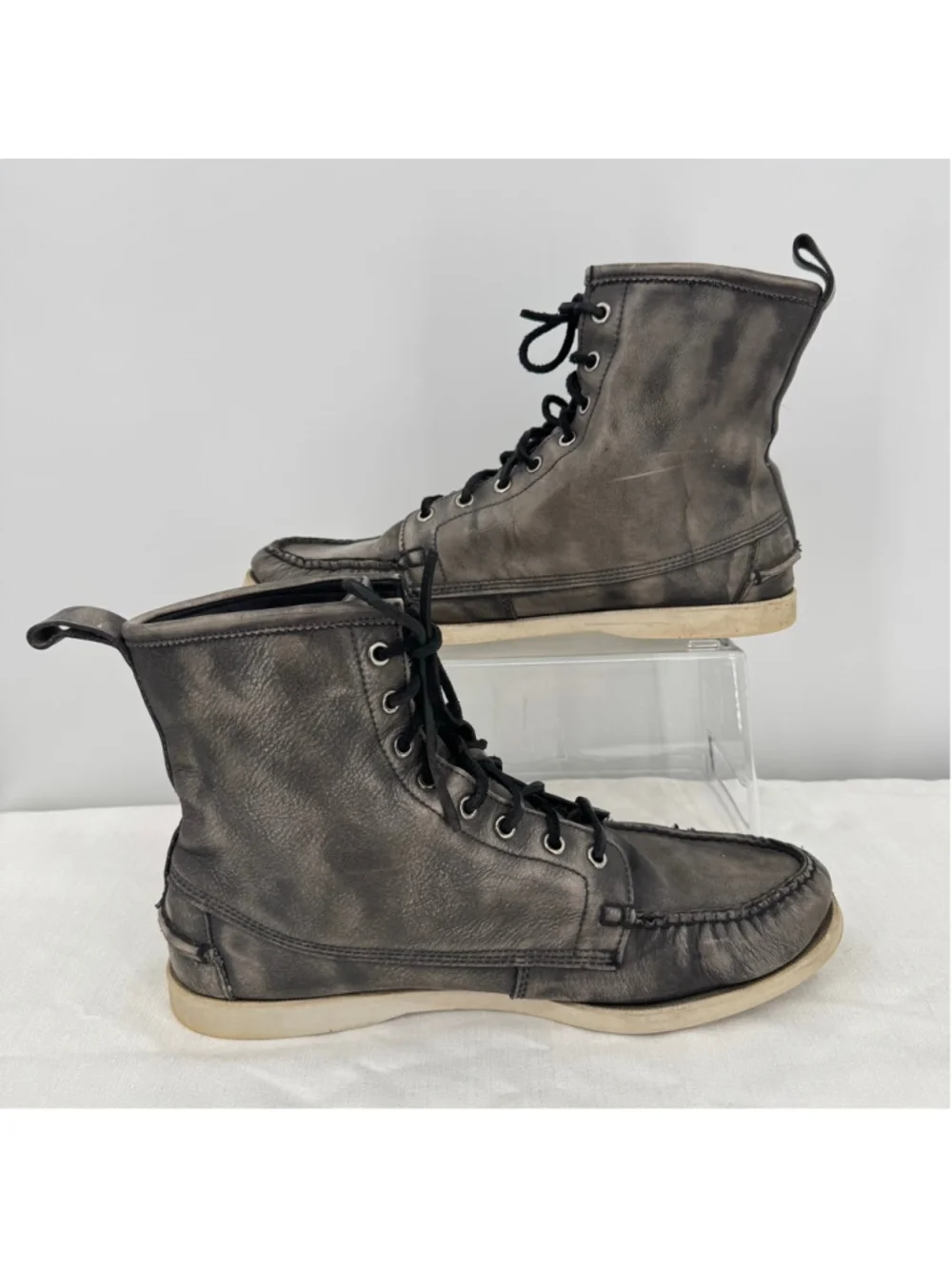 Sebago Docksides Men's Leather High Top Sneakers Distressed Gray Lace Up Size 12